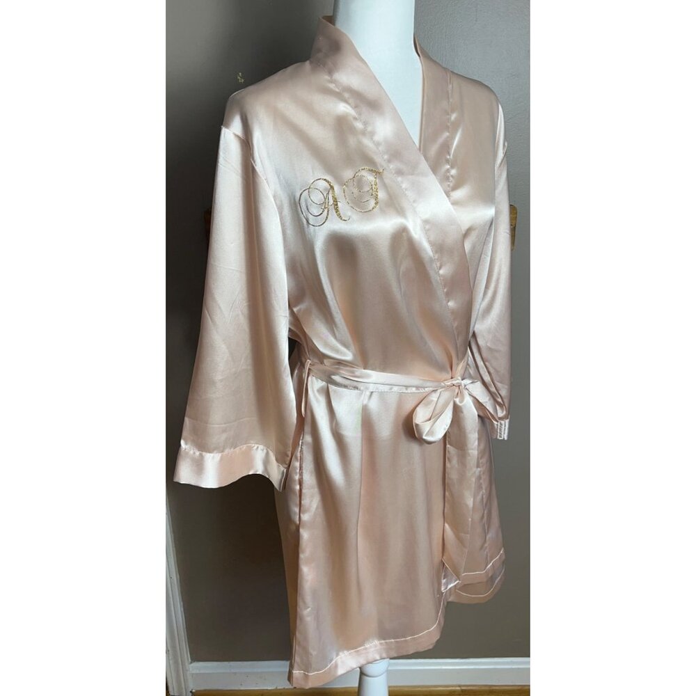 Glam Satin Robe Blush Peach Kimono Boudoir Feminine Intimates Sleep Bath Womens - Picture 7 of 8